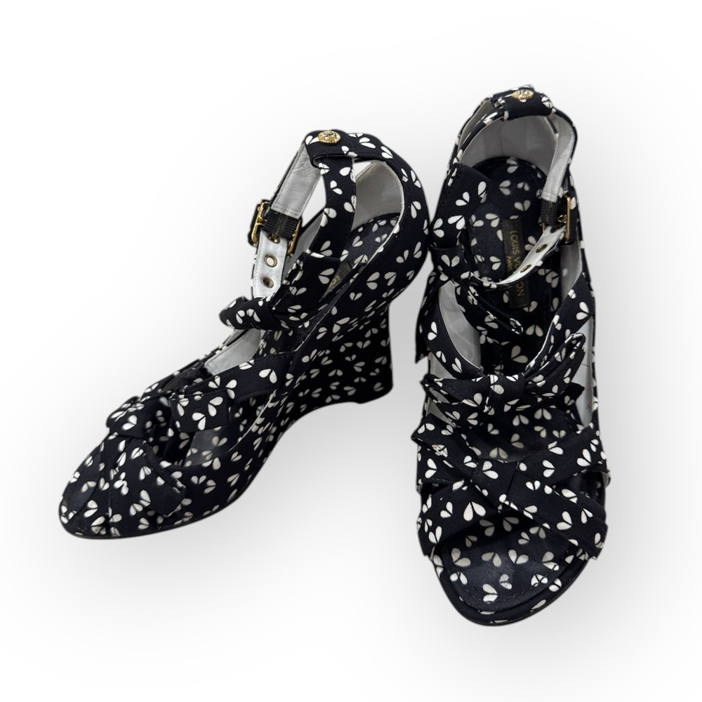 Louis Vuitton Black Printed Fabric Bow Ankle Strap Wedges Sandals Size US 5